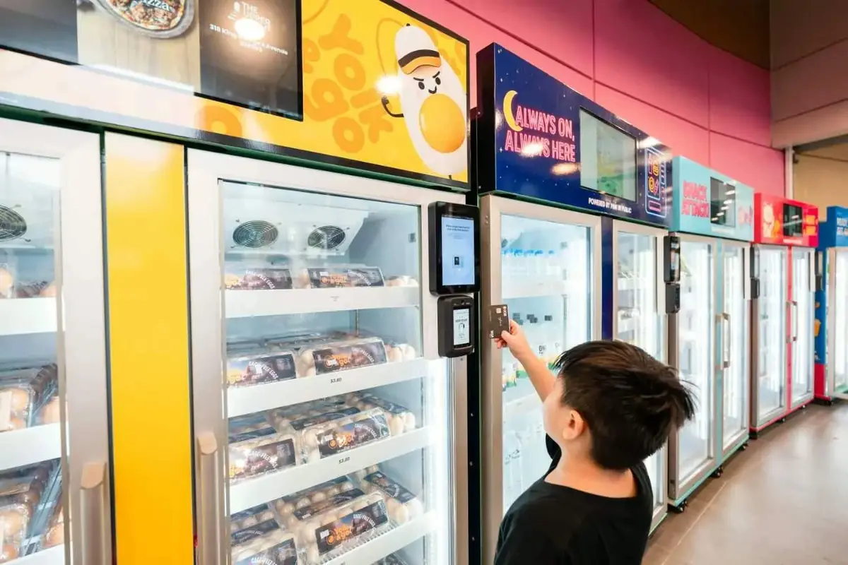Pink in Public smart retail cabinet in a Singapore building lobby